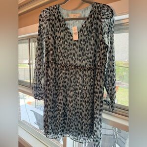 LOFT Black & Gray Leopard Print V-Neck Dress